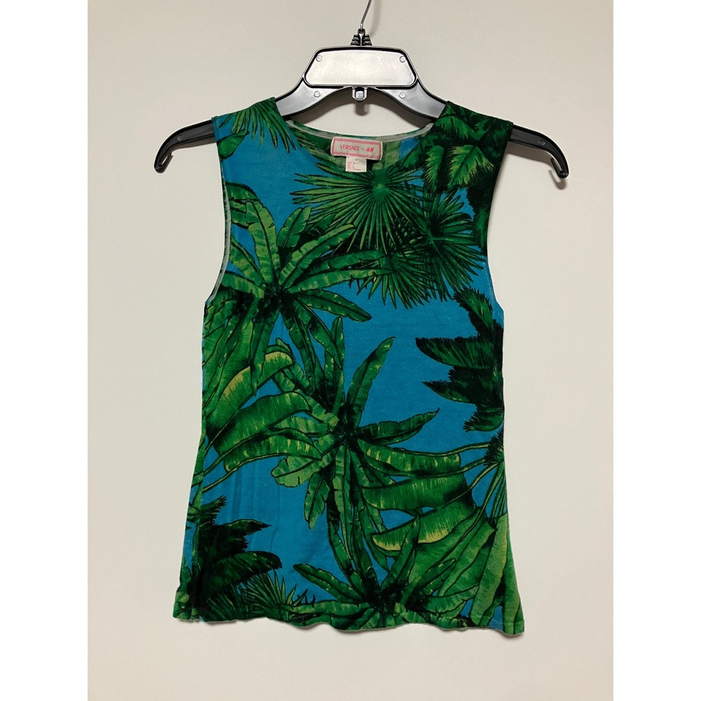Versace for H&M Women Palm Print Knit Tank Top Size 8 Blue Green Merino Cashmere